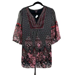 PINK Collection Women Tunic Top V Neck Sheer 3/4 Sleeve Lined Back Tie Black 1X*